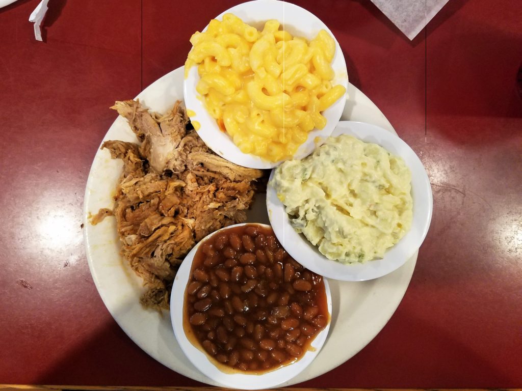 Bullocks Durham, NC Spicey Pulled Pork, Baked Beans, Mac and Cheese, potato Salad